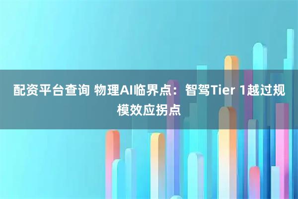 配资平台查询 物理AI临界点：智驾Tier 1越过规模效应拐点